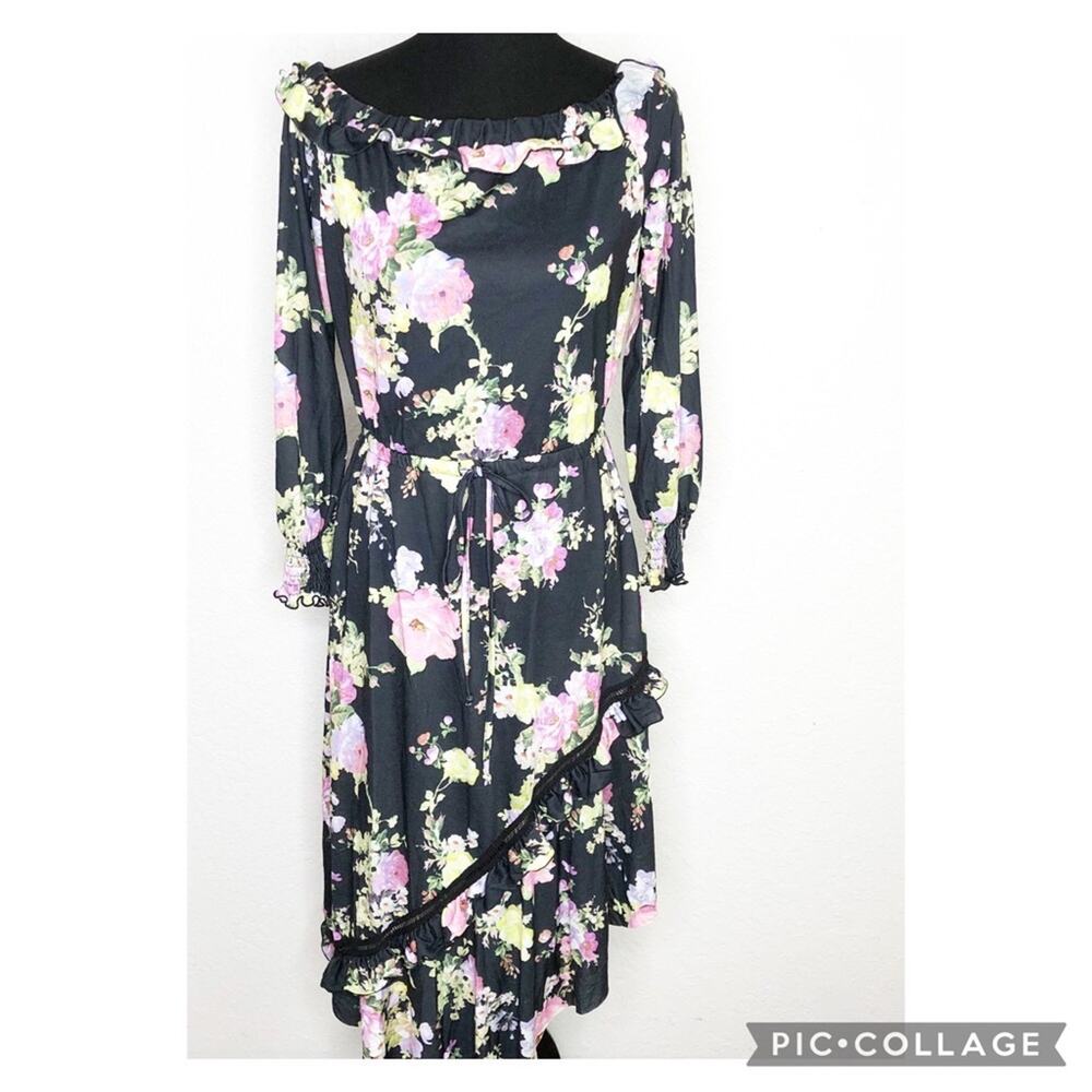 ASOS black pink purple floral ruffle trim dress NWT‎ size 8